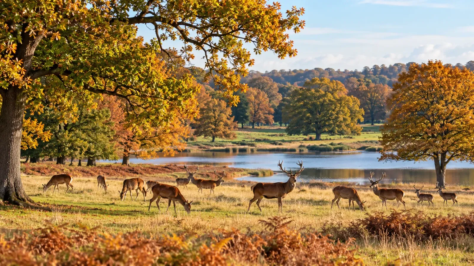 Cảnh quan đồng cỏ và đàn hươu nhìn từ xa tại Richmond Park ở London