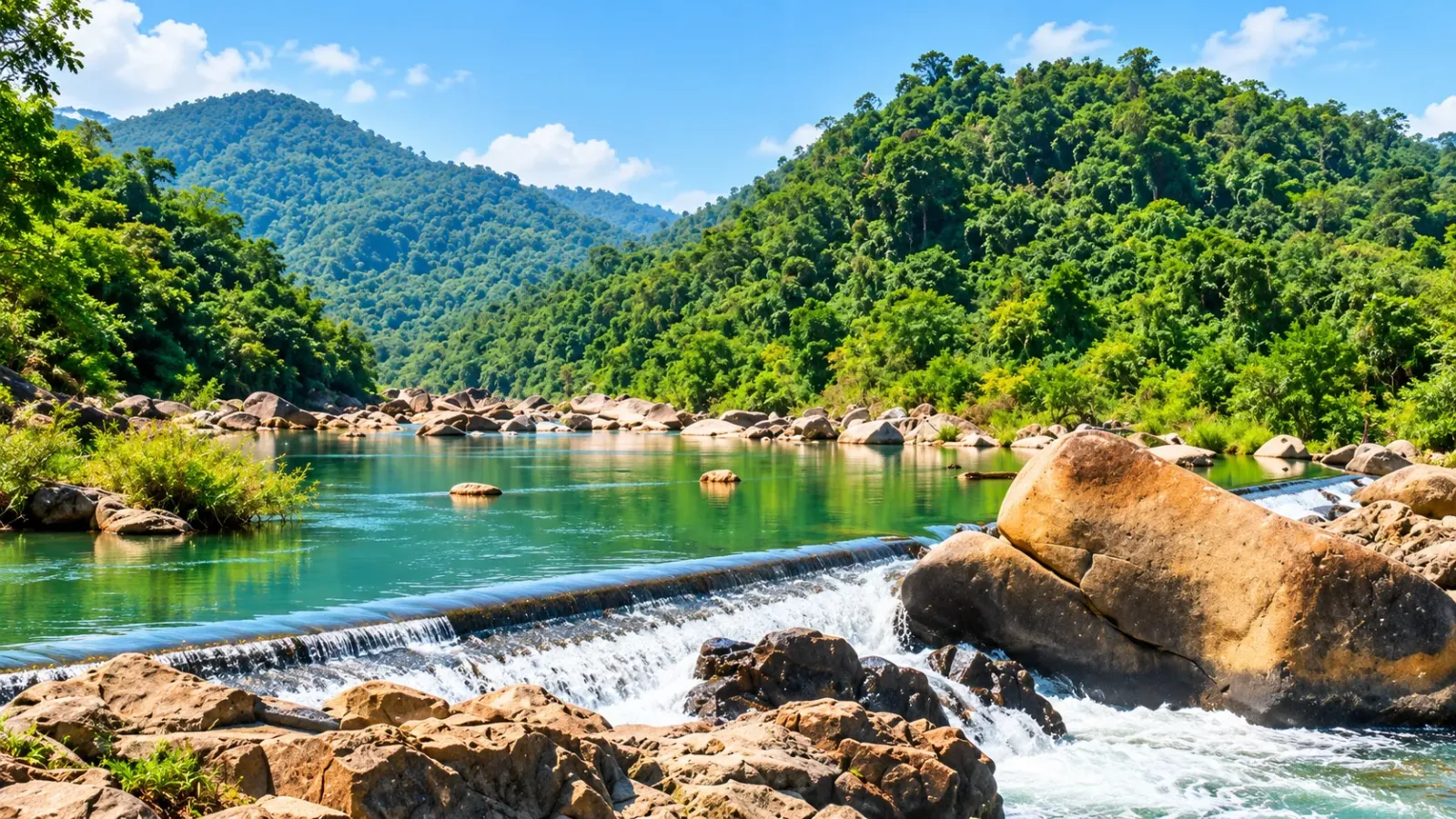 Cảnh quan Hầm Hô tại vùng Tây Sơn với dòng sông chảy giữa các khối đá và cây xanh