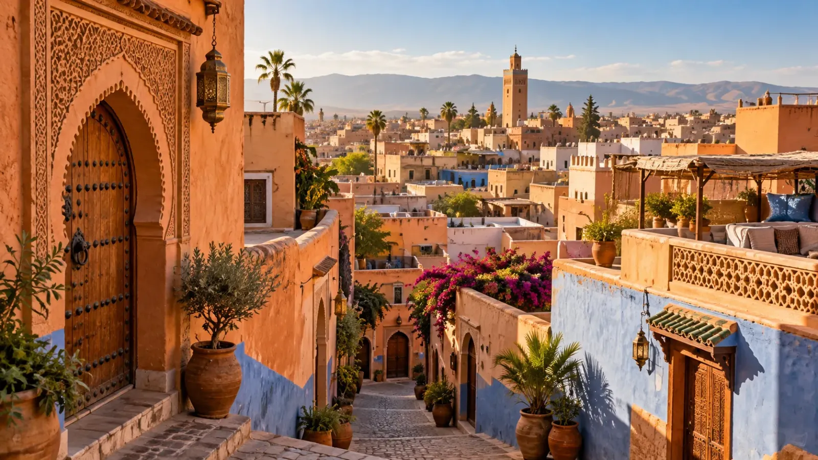 Cảnh quan Maroc với kiến trúc phố cổ truyền thống và những gam màu đặc trưng của Bắc Phi