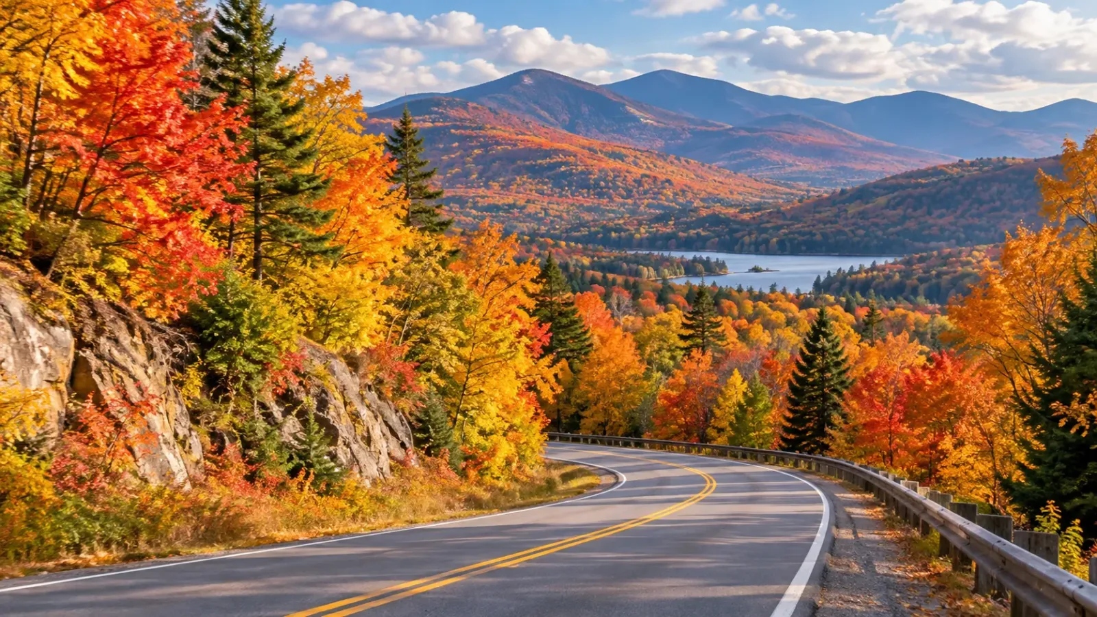 Cảnh quan mùa thu tại vùng New England, Hoa Kỳ, với rừng cây chuyển sắc vàng, cam và đỏ bên tuyến đường ngắm cảnh.