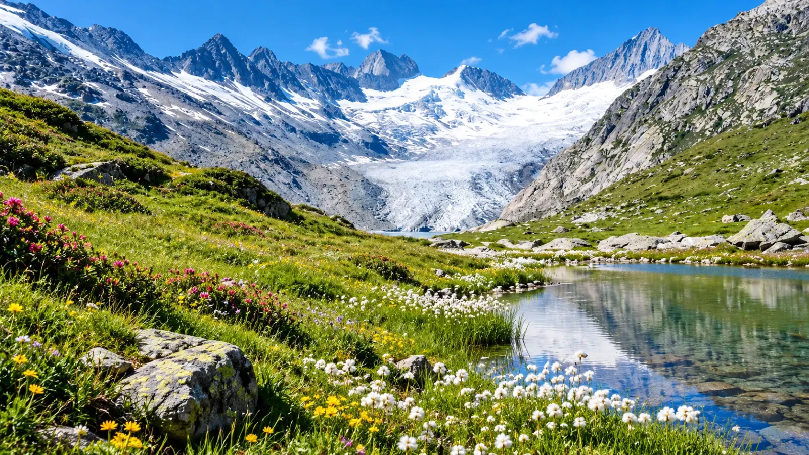 Cảnh quan núi Alps với thung lũng xanh và hồ nước trong mùa hè tại Thụy Sĩ.