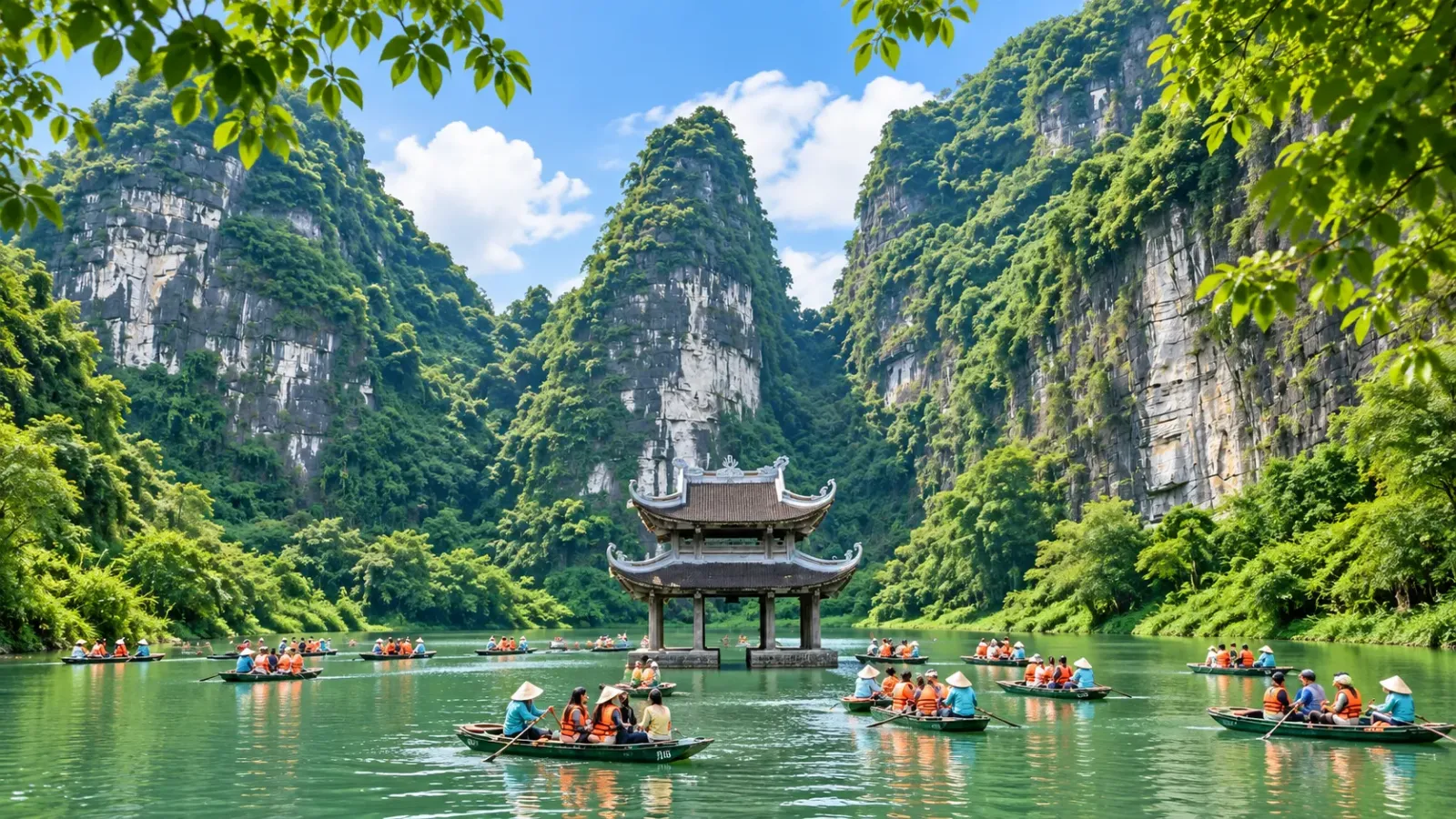 Cảnh quan núi đá vôi và sông nước đặc trưng trong hành trình du lịch Ninh Bình
