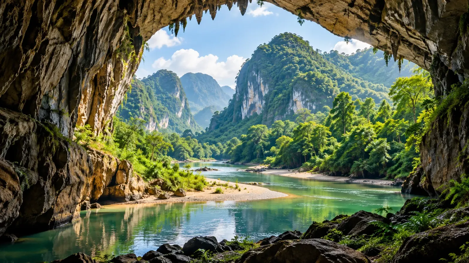 Cảnh quan núi đá vôi và sông tại Vườn quốc gia Phong Nha – Kẻ Bàng