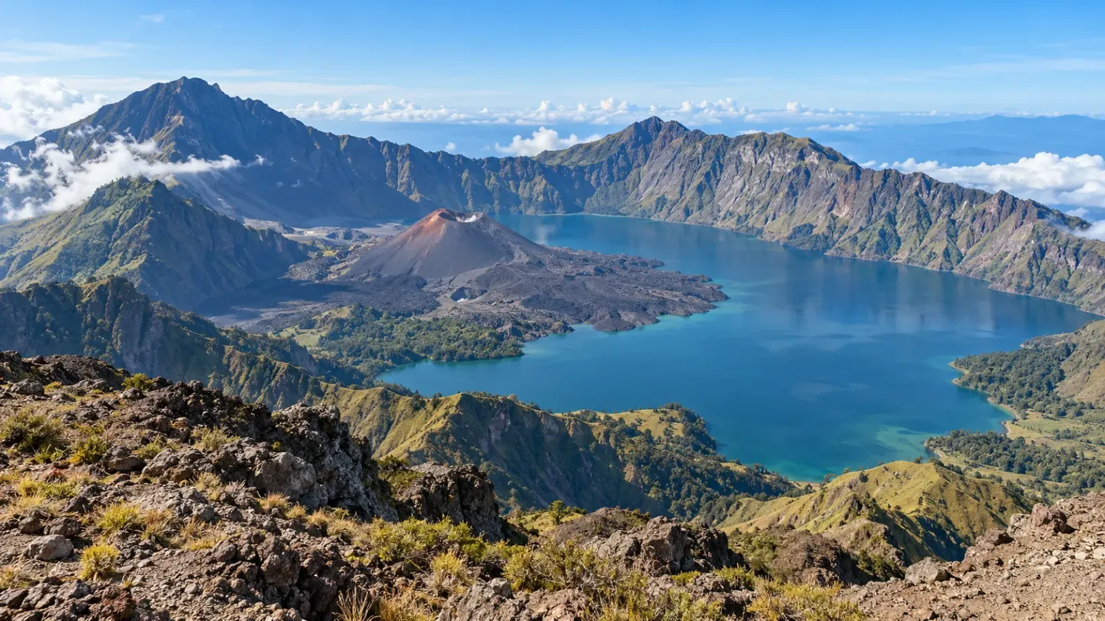 Cảnh quan núi lửa Rinjani với những sườn núi hùng vĩ và hồ Segara Anak tại Lombok Indonesia