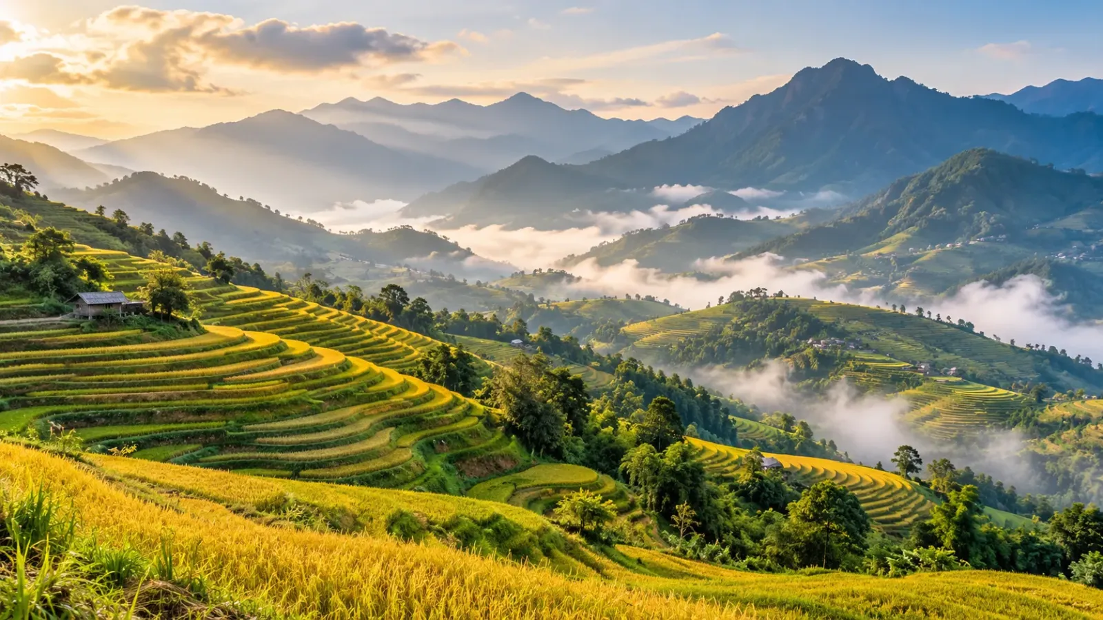 Cảnh quan núi rừng và ruộng bậc thang tại Sa Pa trong mùa thu