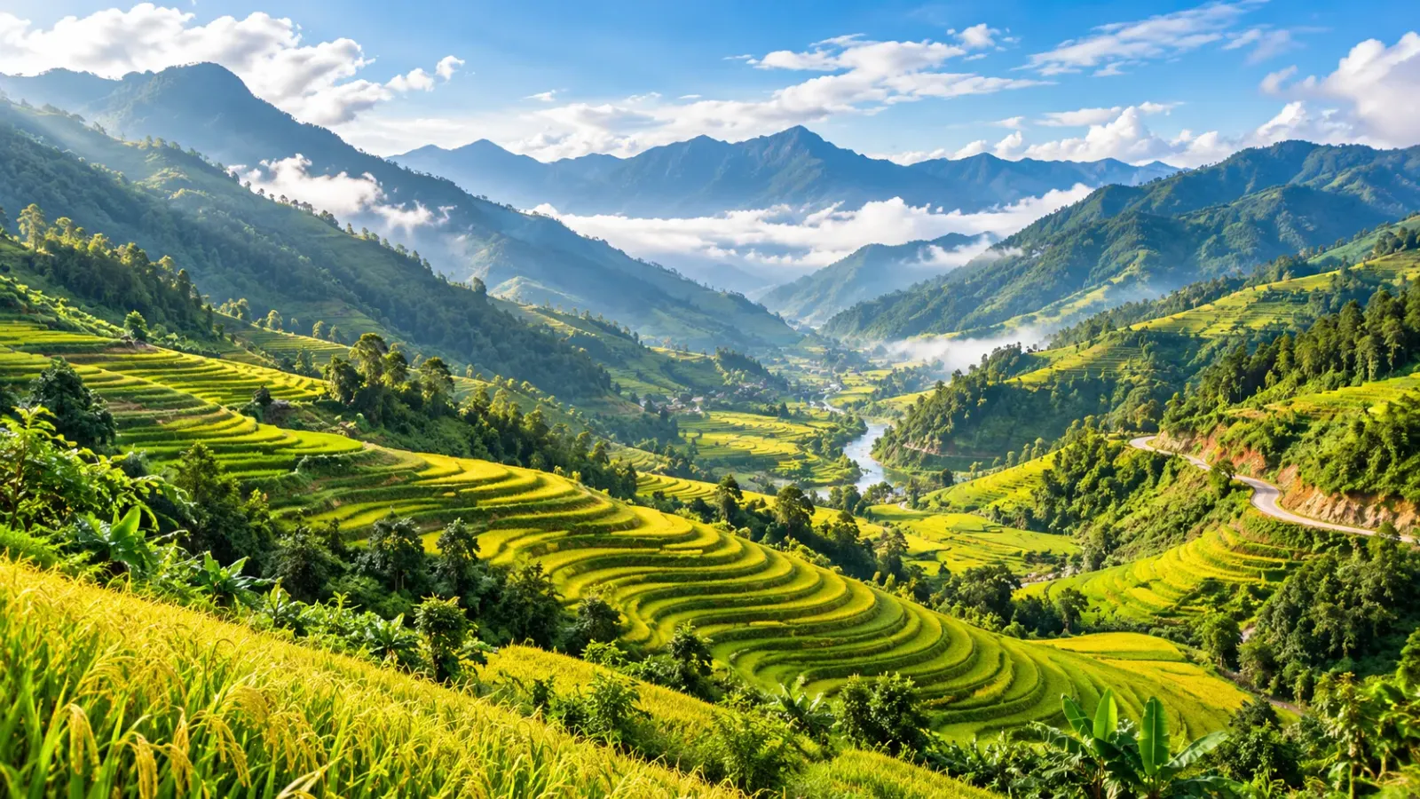 Cảnh quan núi rừng và thung lũng đặc trưng trong hành trình du lịch Lai Châu