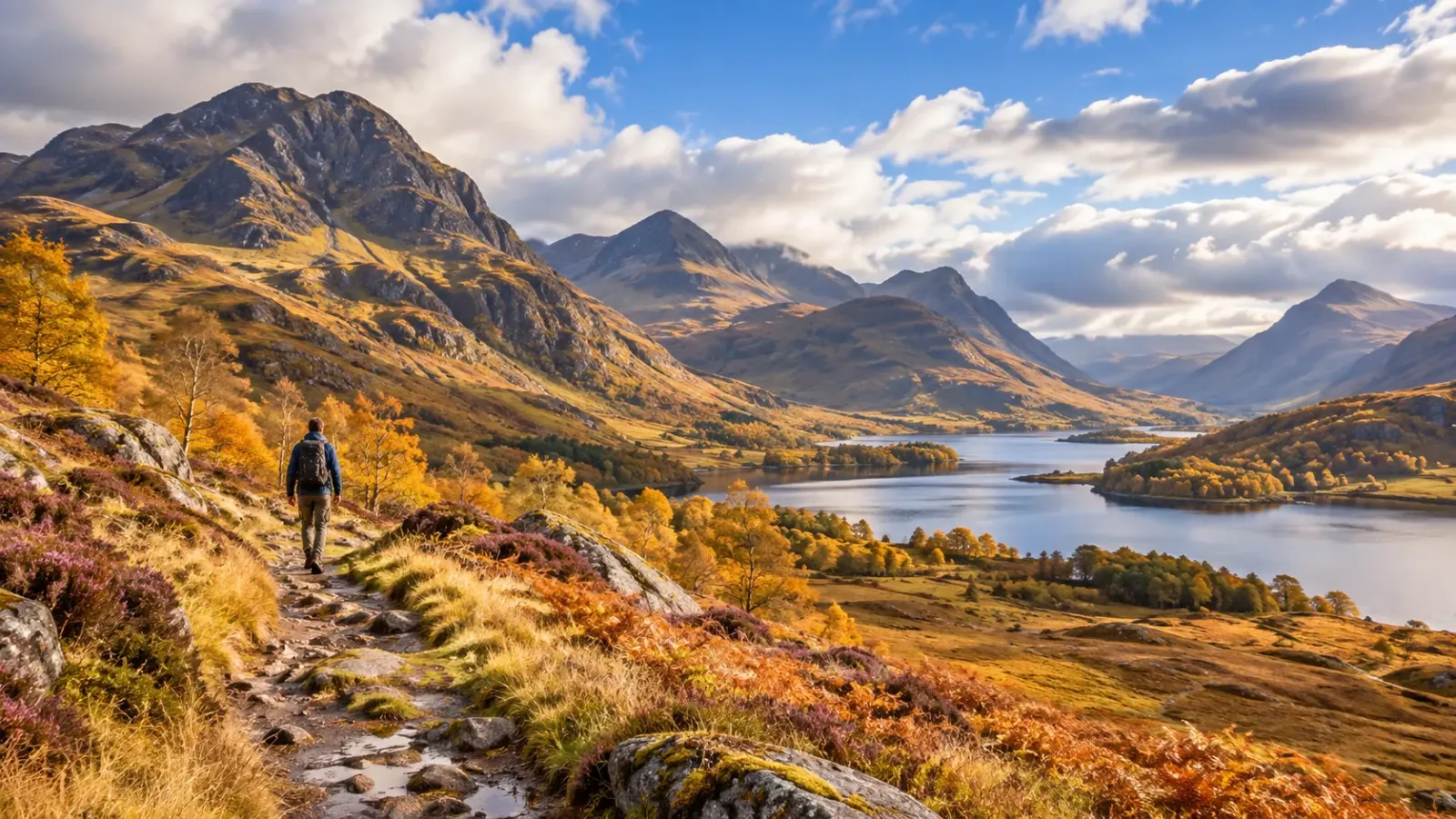Cảnh quan núi, thung lũng và hồ tại Scottish Highlands vào mùa thu