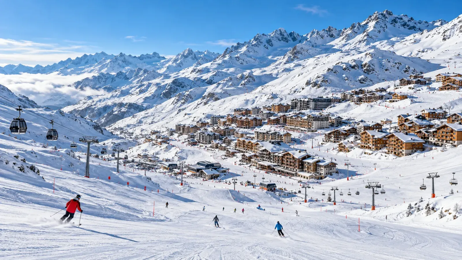 Cảnh quan núi tuyết và khu trượt tuyết Val Thorens thuộc vùng Alps Pháp