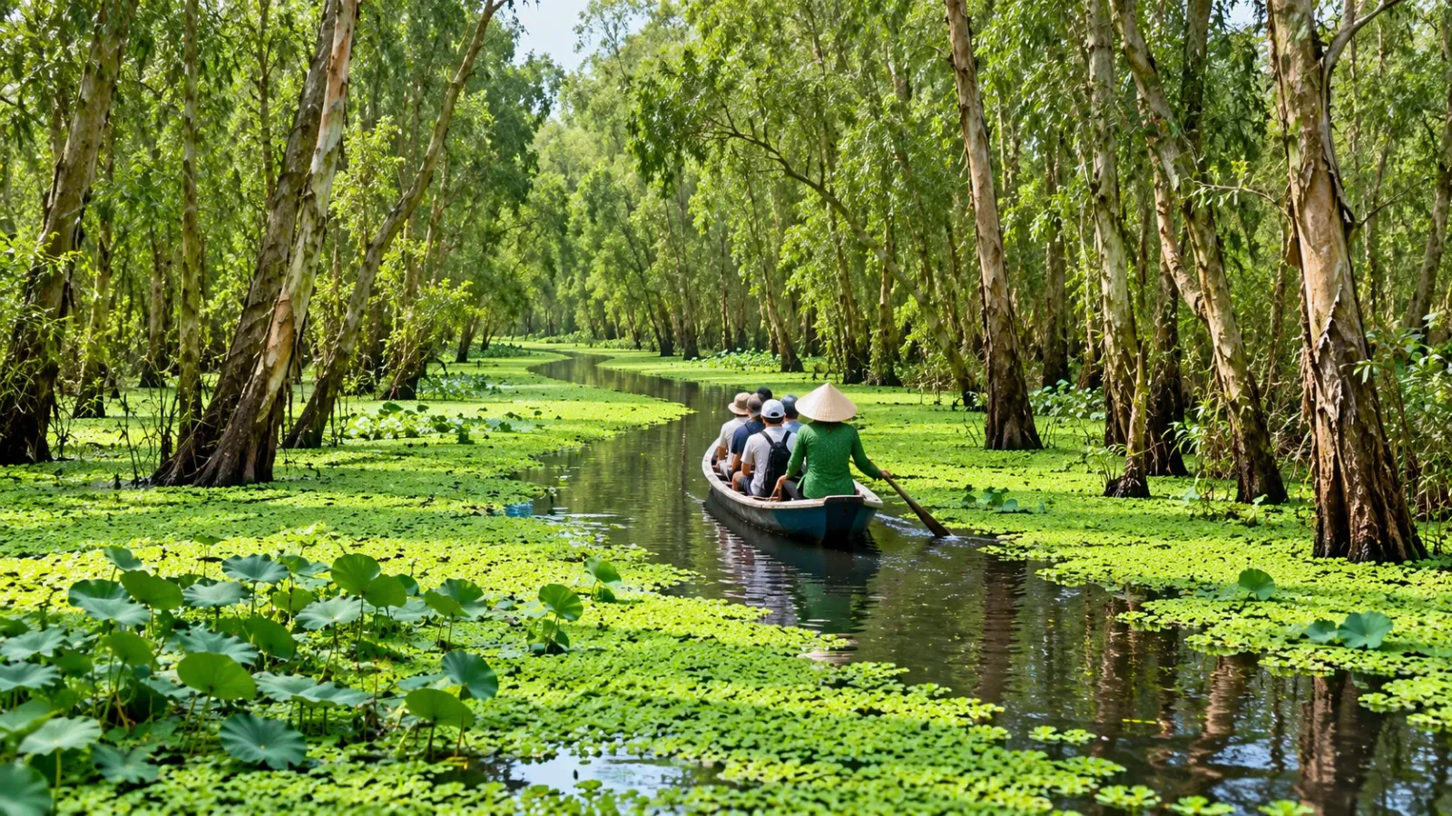 Cảnh quan rừng tràm và mặt nước xanh tại khu du lịch Trà Sư An Giang