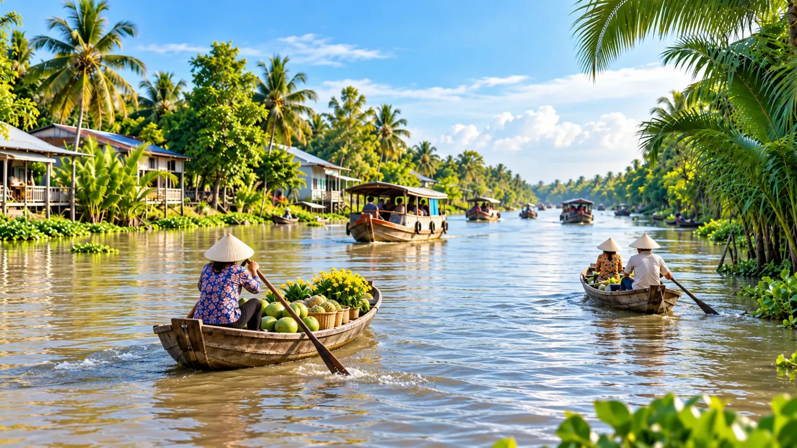 Cảnh quan sông nước và ghe thuyền tại khu vực Đồng bằng sông Cửu Long