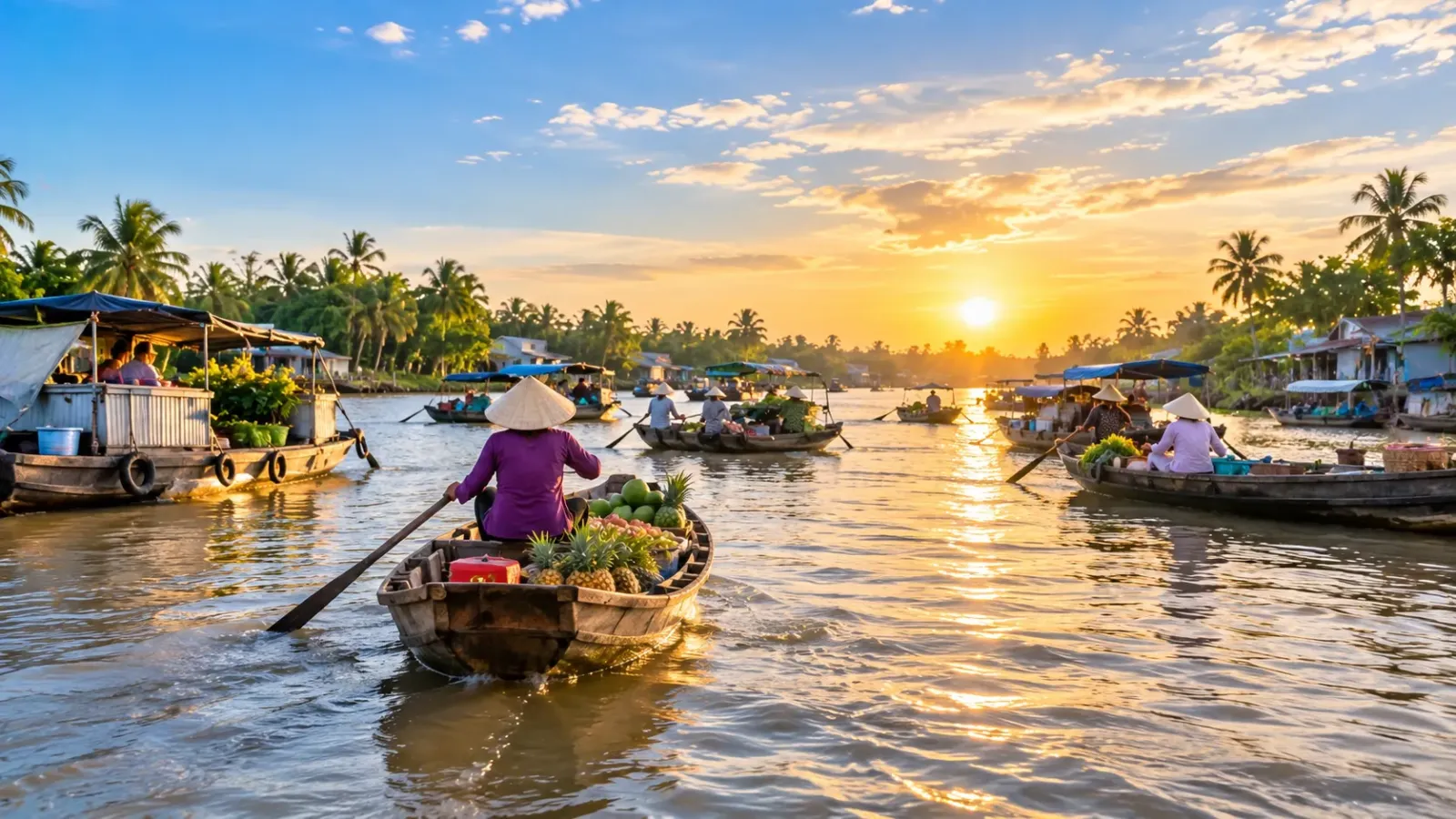 Cảnh quan sông nước và ghe thuyền trong hành trình du lịch Miền Tây