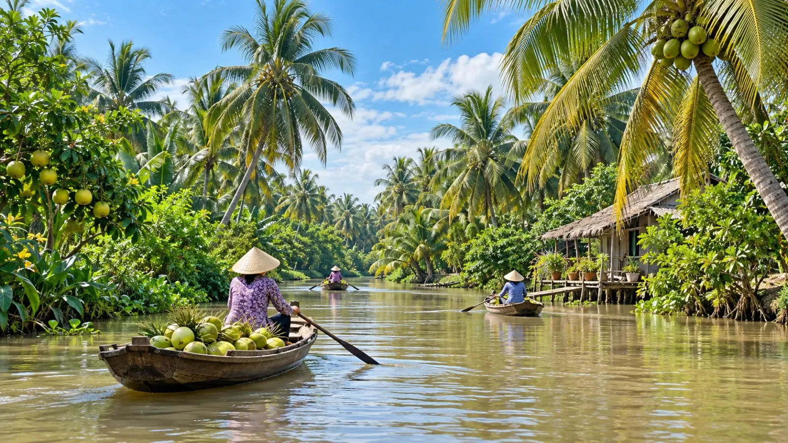 Cảnh quan sông nước và hàng dừa tại khu vực Bến Tre cũ