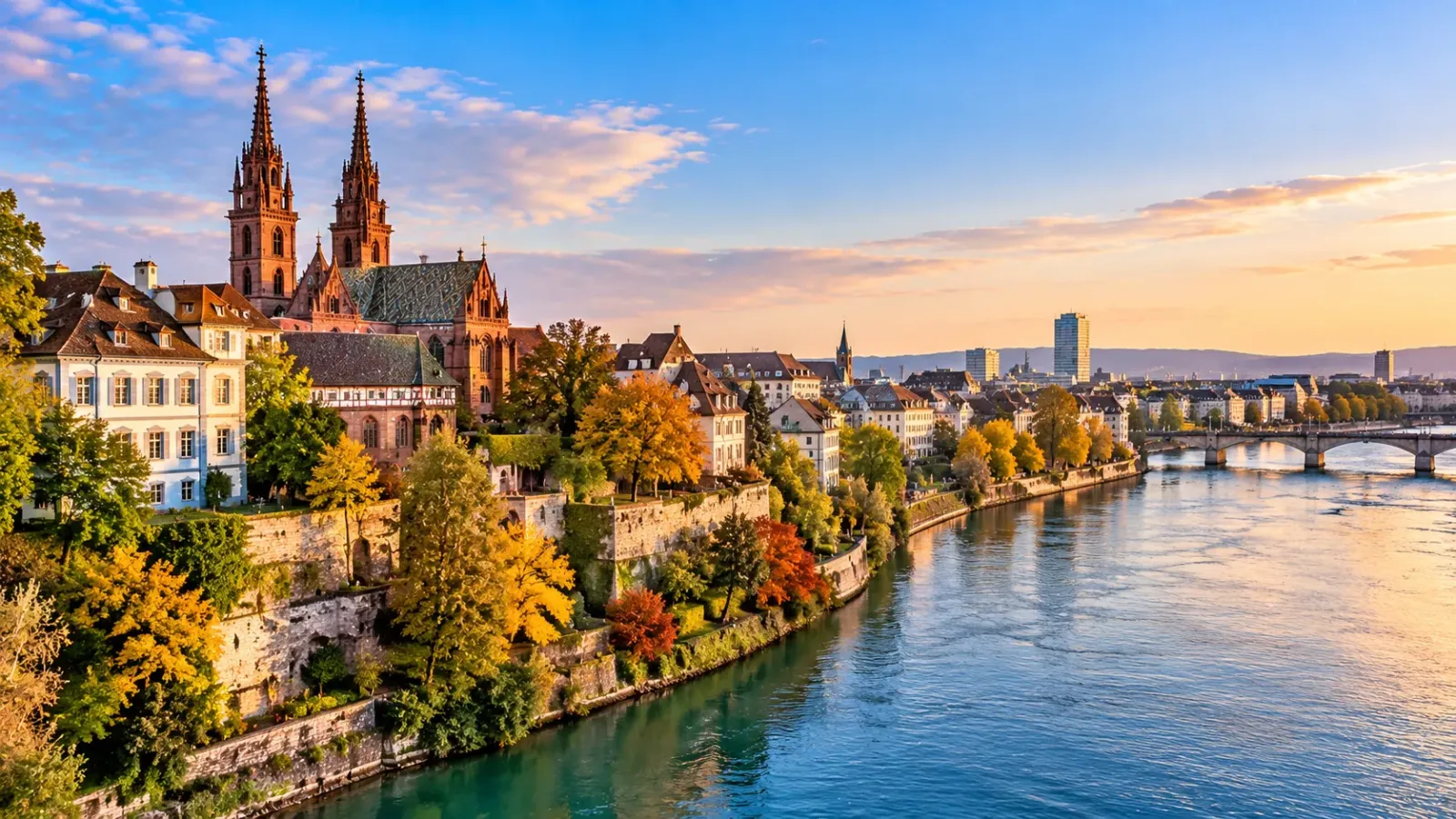 Cảnh quan thành phố Basel với những công trình phố cổ và sông Rhine tại Thụy Sĩ