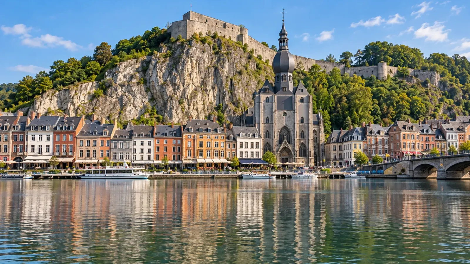 Cảnh quan thành phố Dinant bên sông Meuse với nhà thờ Notre-Dame và thành cổ trên vách đá