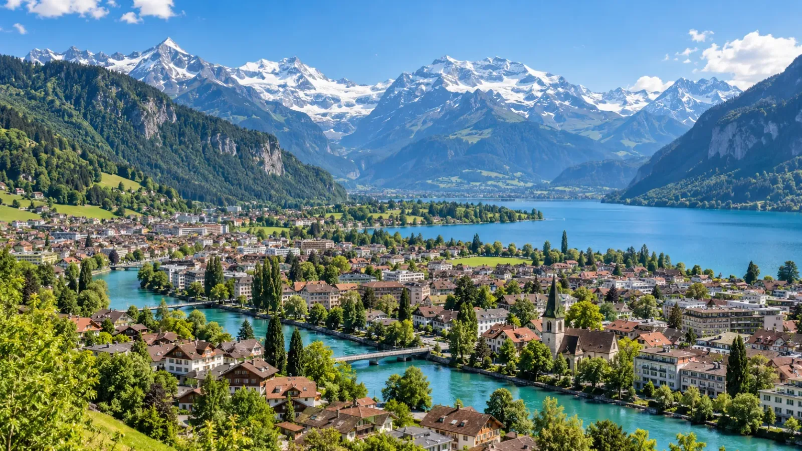 Cảnh quan thị trấn Interlaken với hồ nước và núi Alps tại Thụy Sĩ