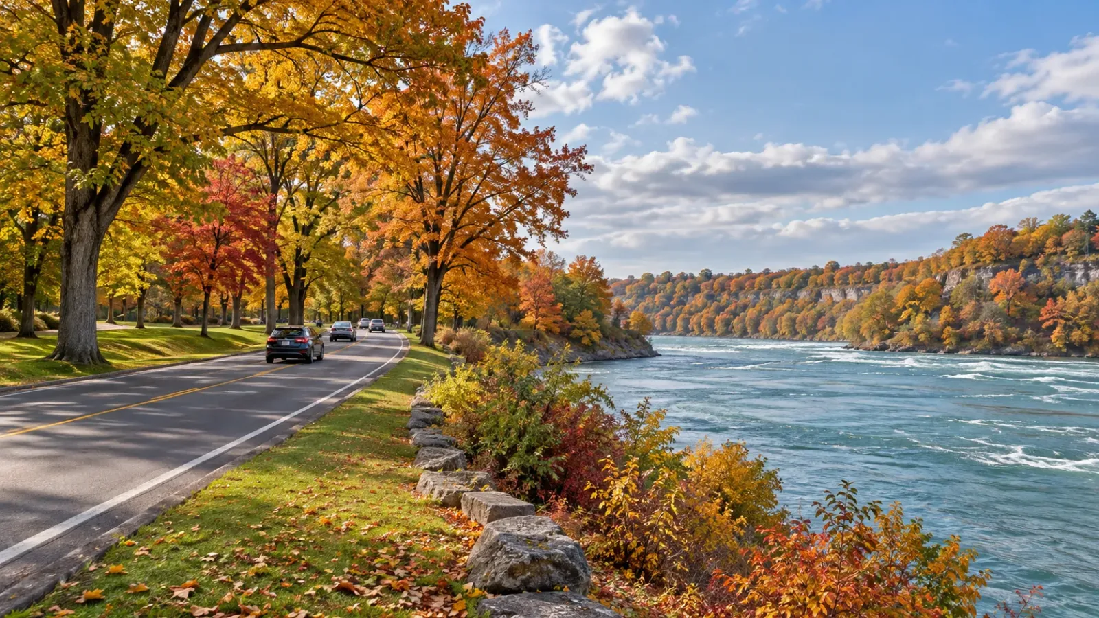 Cảnh quan ven sông Niagara trên tuyến Niagara Parkway vào mùa thu