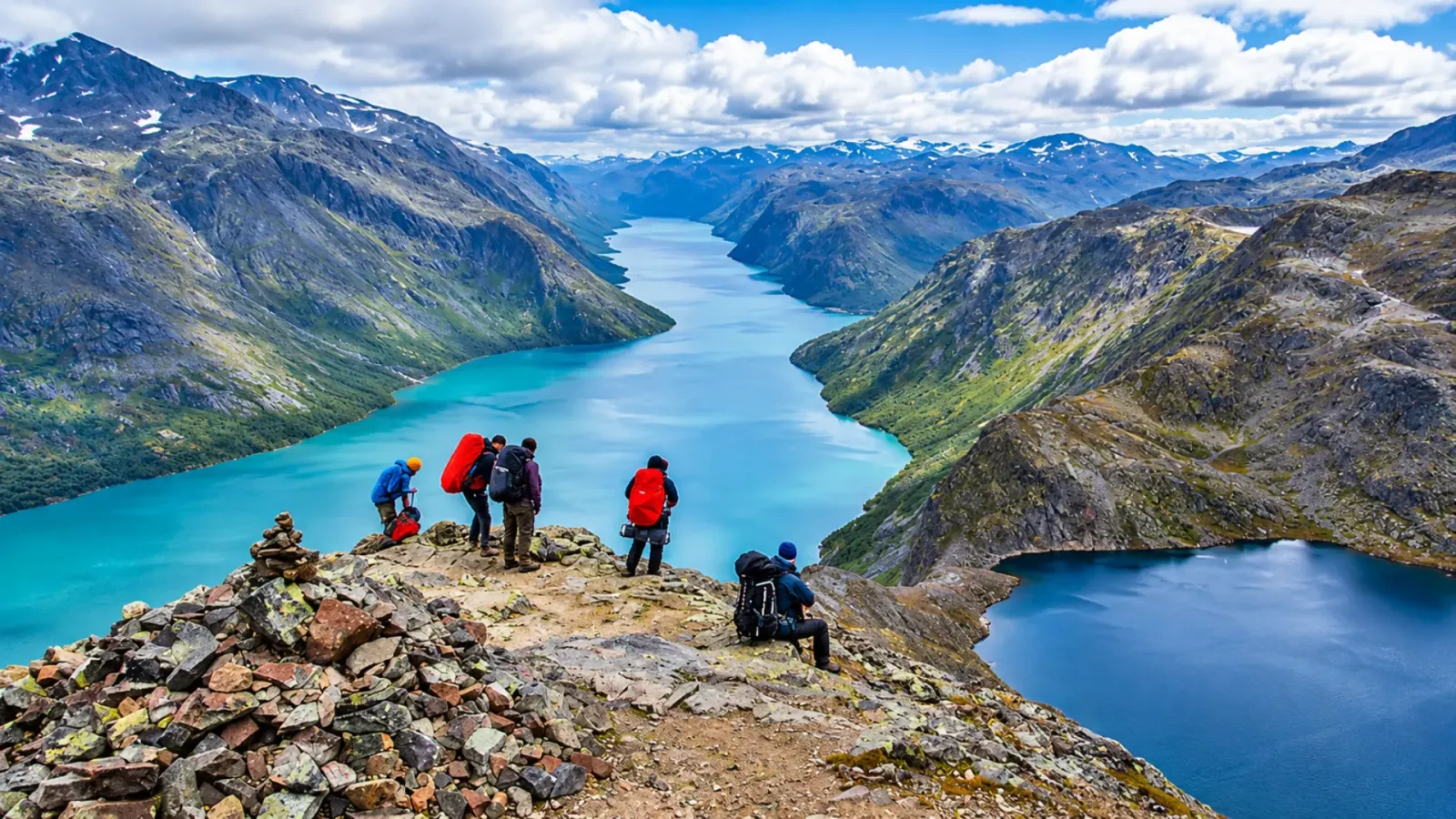 Cảnh quan vùng núi Jotunheimen ở Na Uy với thung lũng, hồ nước và những sườn núi cao