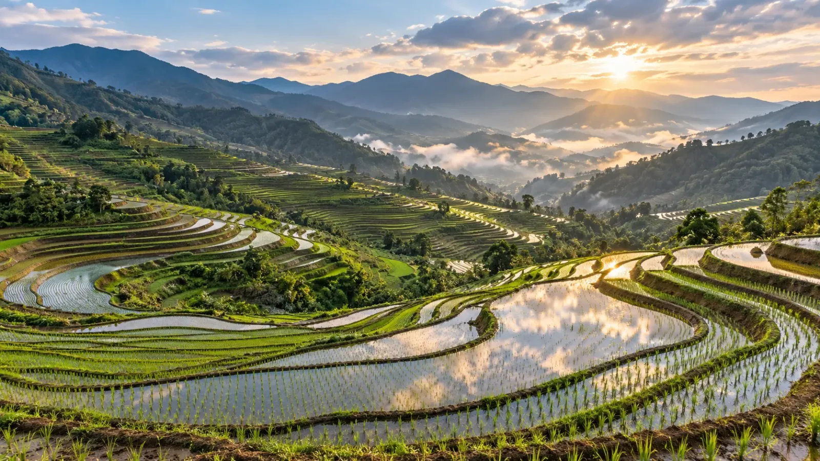 Cảnh ruộng bậc thang mùa nước đổ tại khu vực Lìm Thái dưới chân đèo Khau Phạ với những thửa ruộng ngập nước xen mạ xanh và bản làng