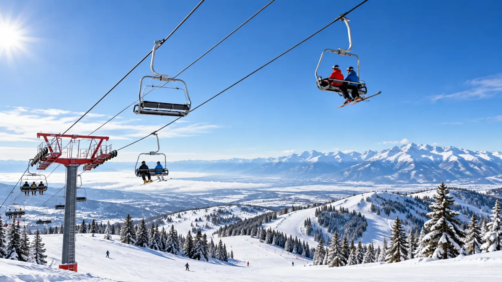 Cáp nâng ghế chạy phía trên sườn núi tuyết với các đường trượt ski