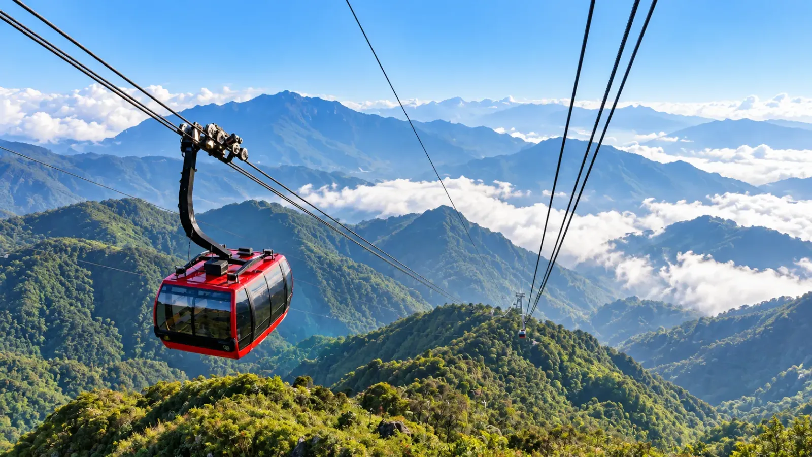 Cáp treo Fansipan giữa cảnh núi cao Sa Pa trong ngày thời tiết quang đãng