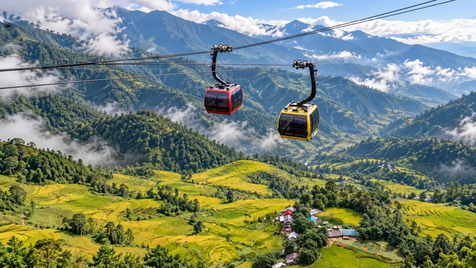 Cáp treo Fansipan giữa cảnh quan núi rừng Hoàng Liên Sơn tại Sa Pa