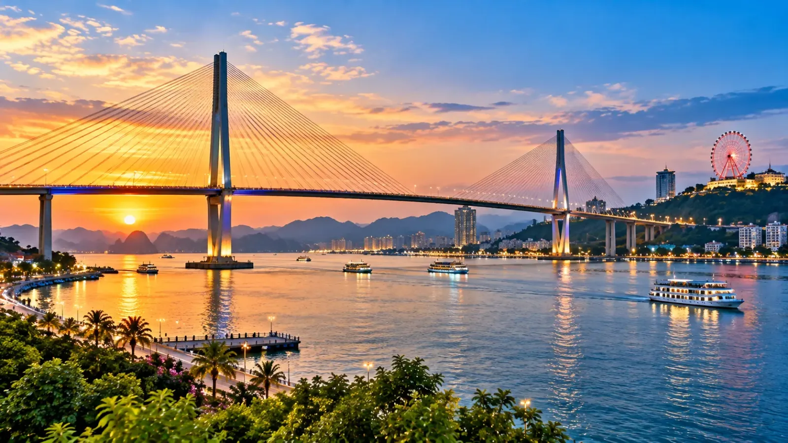 Cầu Bãi Cháy bắc qua vùng nước Cửa Lục nhìn từ khu vực ven bờ Hạ Long