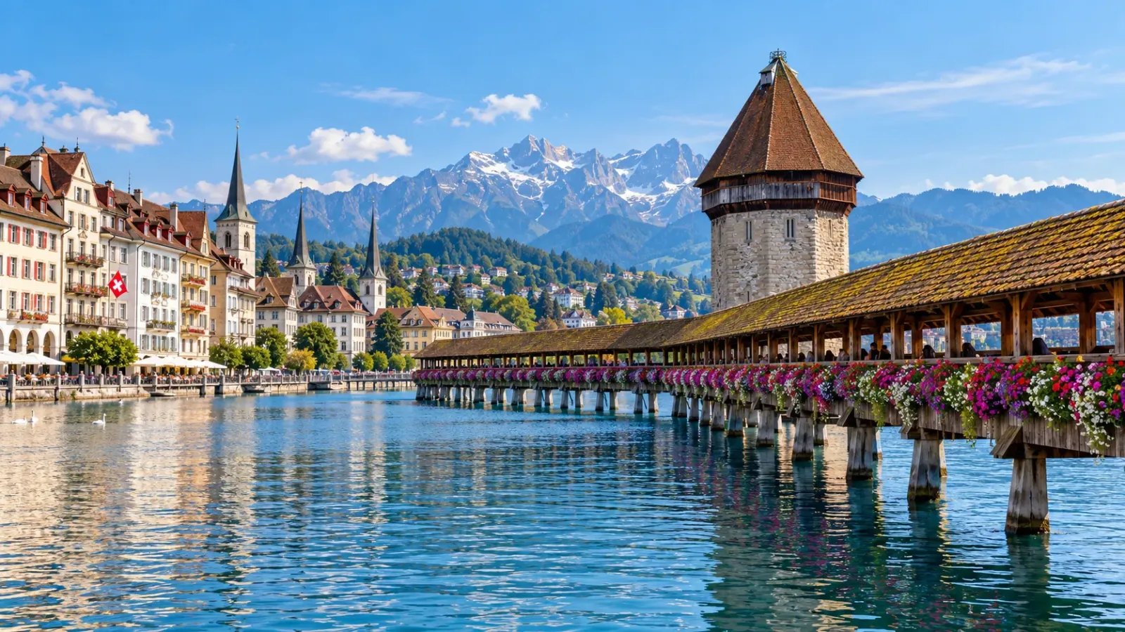 Cầu Chapel Bridge và khu phố cổ Lucerne bên hồ với cảnh quan núi non Thụy Sĩ