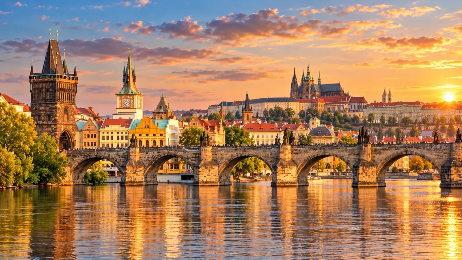 Cầu Charles bắc qua sông Vltava với khu Lâu đài Prague phía xa.