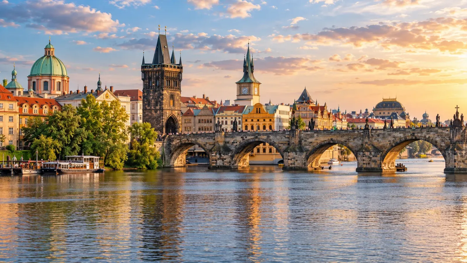 Cầu Charles và kiến trúc phố cổ Praha bên sông Vltava tại Cộng hòa Séc