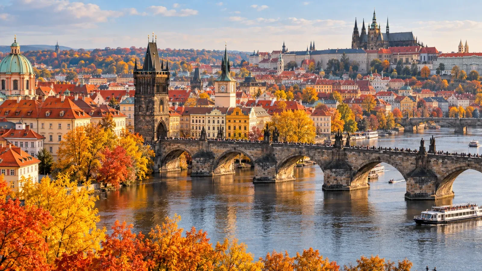Cầu Charles và những mái nhà cổ tại Prague bên sông Vltava trong mùa thu