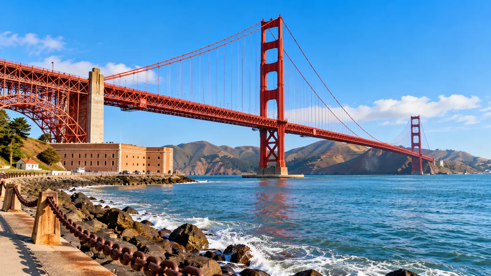 Cầu Cổng Vàng Golden Gate Bridge ở San Francisco nhìn từ khu vực ven vịnh với tháp cầu và mặt nước
