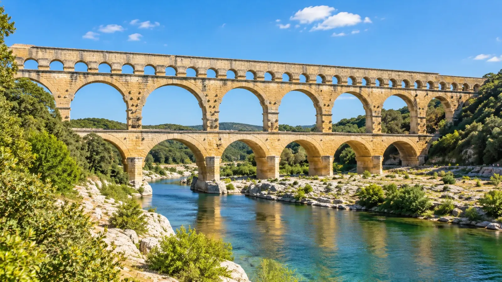 Cầu dẫn nước La Mã Pont du Gard với ba tầng vòm đá bắc qua sông Gardon tại Pháp.