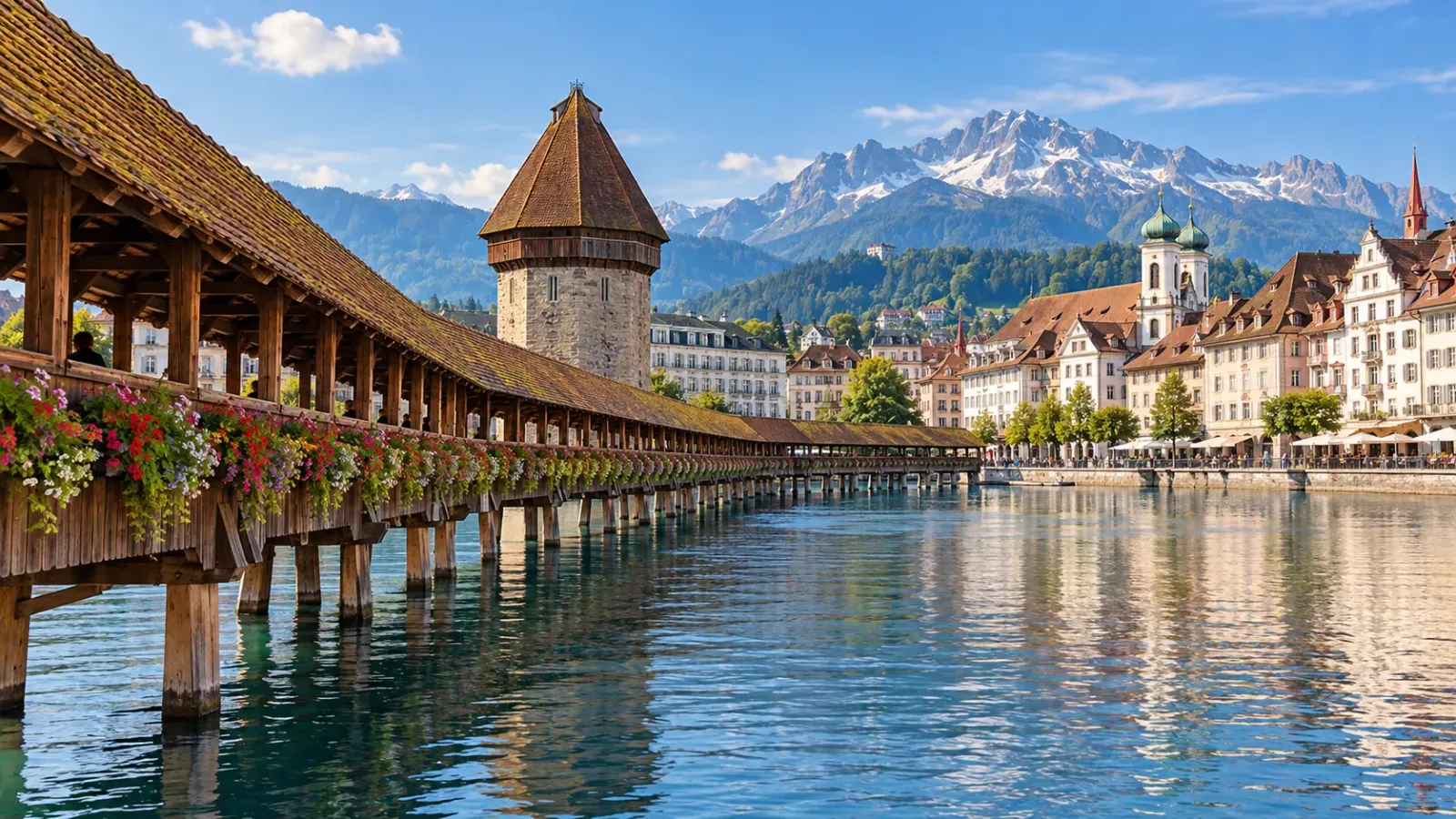 Cầu gỗ Chapel Bridge bắc qua sông Reuss tại Lucerne, phía sau là các ngôi nhà cổ và cảnh quan núi non.