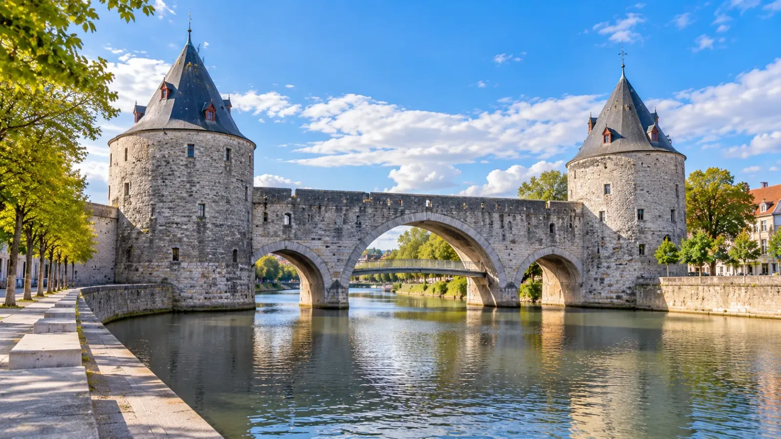 Cầu Pont des Trous với hai tháp đá bên sông Scheldt tại Tournai sau khi được tái thiết