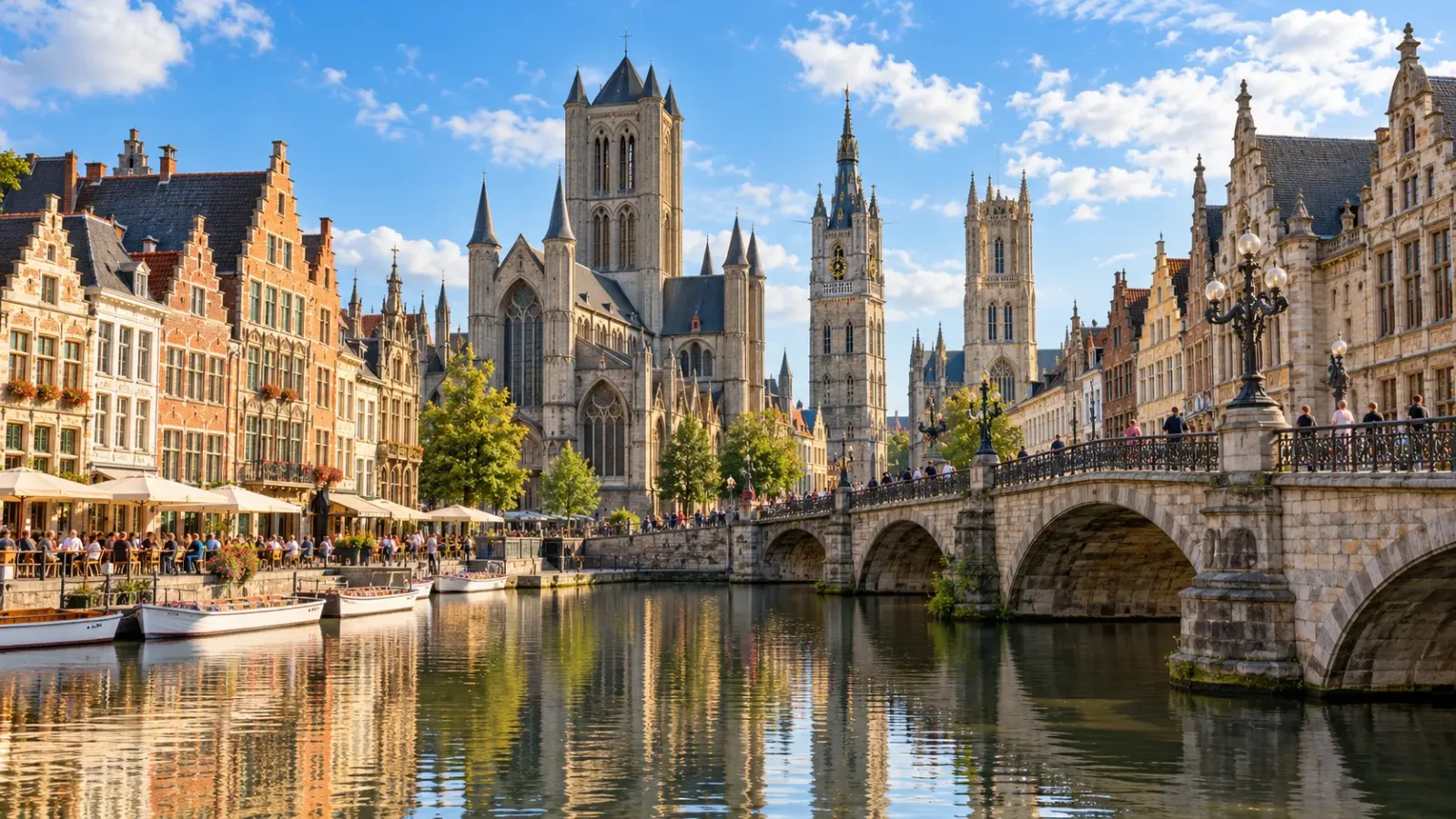 Cầu St Michael tại Ghent với góc nhìn về khu phố cổ và các ngọn tháp lịch sử