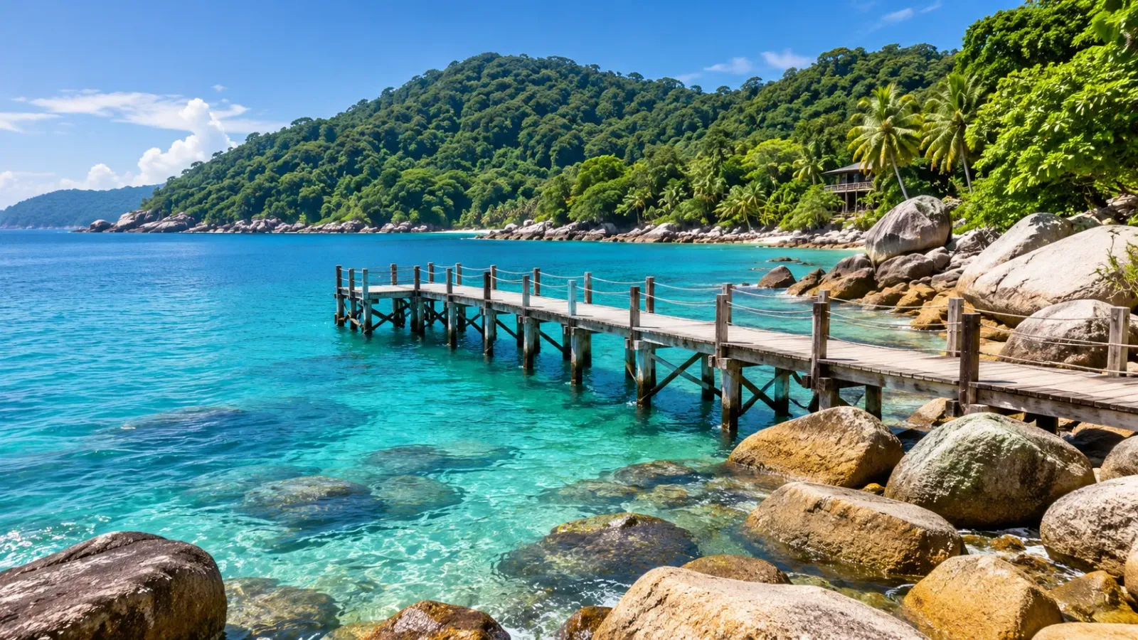 Cầu tàu kéo dài ra vùng nước xanh trong bên bãi đá và đồi cây trên đảo Perhentian Malaysia.