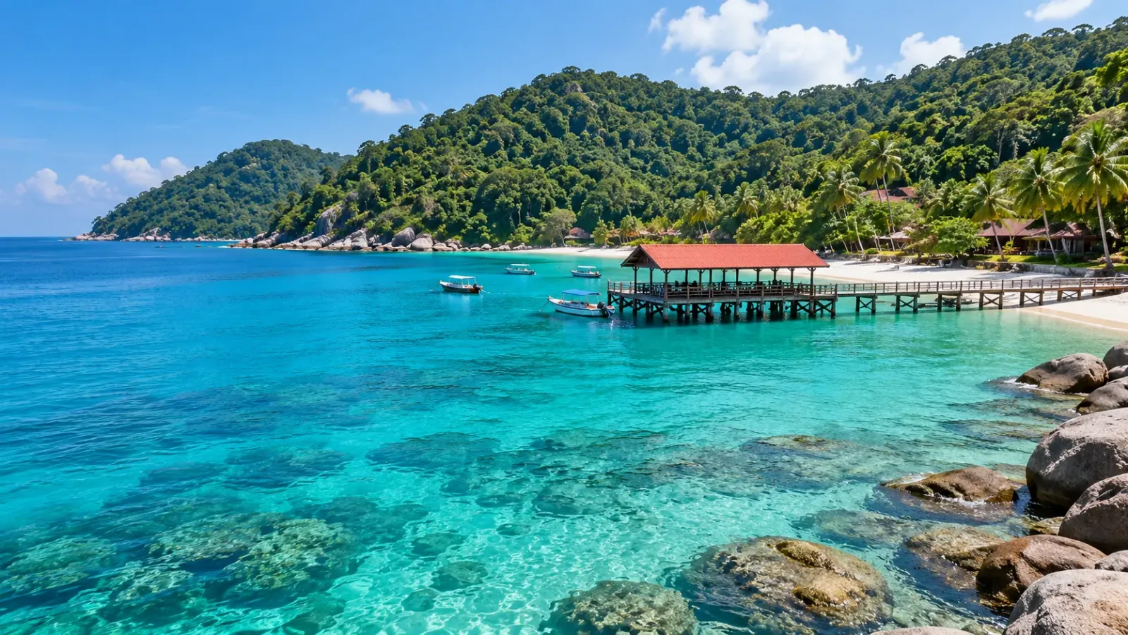 Cầu tàu mái đỏ bên làn nước xanh và sườn đồi phủ cây tại đảo Perhentian Malaysia.