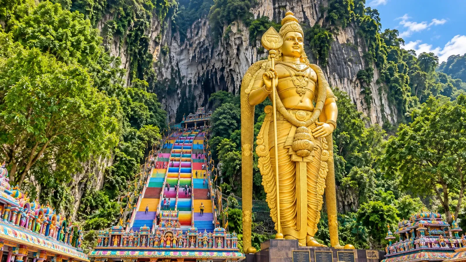 Cầu thang nhiều màu sắc và tượng thần Murugan tại Batu Caves Malaysia