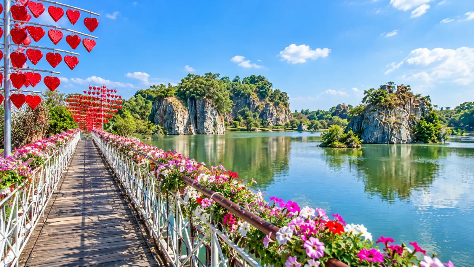 Cầu trang trí trái tim đỏ và hoa bên hồ nước, phía xa là những vách đá tại Khu du lịch Bửu Long Đồng Nai
