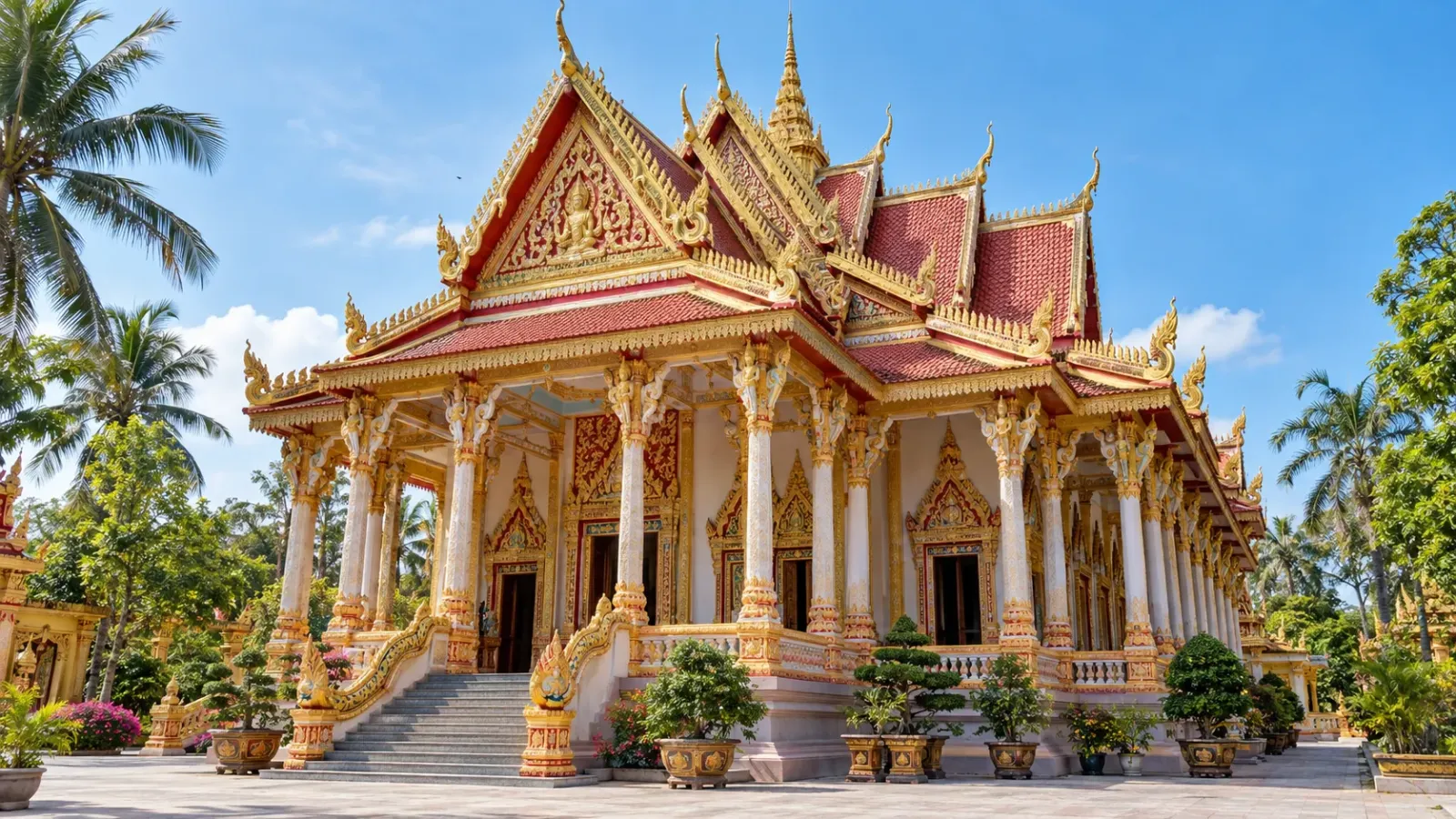 Chánh điện chùa Xiêm Cán với mái nhiều tầng và các họa tiết trang trí Khmer tại vùng Bạc Liêu