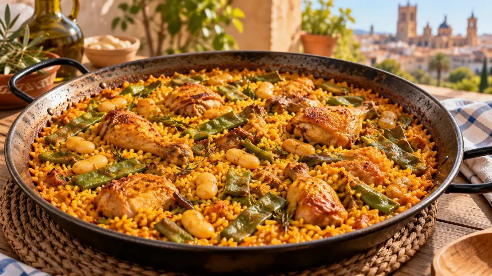 chảo cơm Paella kiểu Valenca với gạo thịt gà và các nguyên liệu truyền thống 