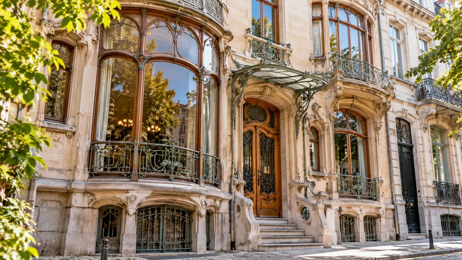 Chi tiết kiến trúc Art Nouveau với đường nét uốn lượn tại công trình của Victor Horta ở Brussels