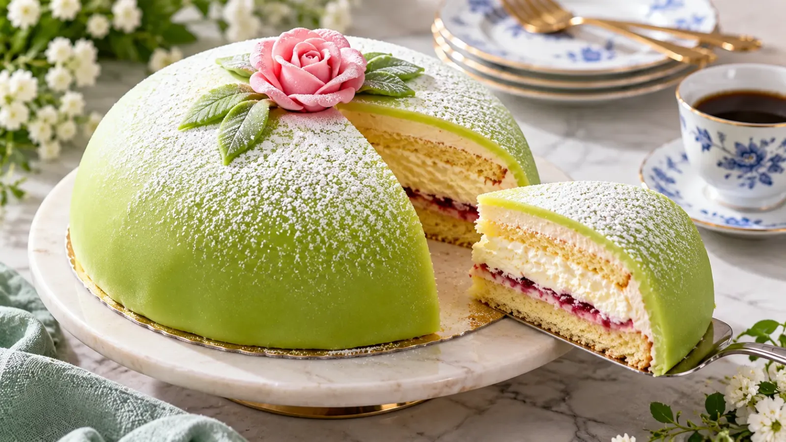 Chiếc bánh công chúa Prinsesstårta Thụy Điển hình vòm phủ marzipan xanh, trang trí hoa nhỏ và có một lát được cắt ra.