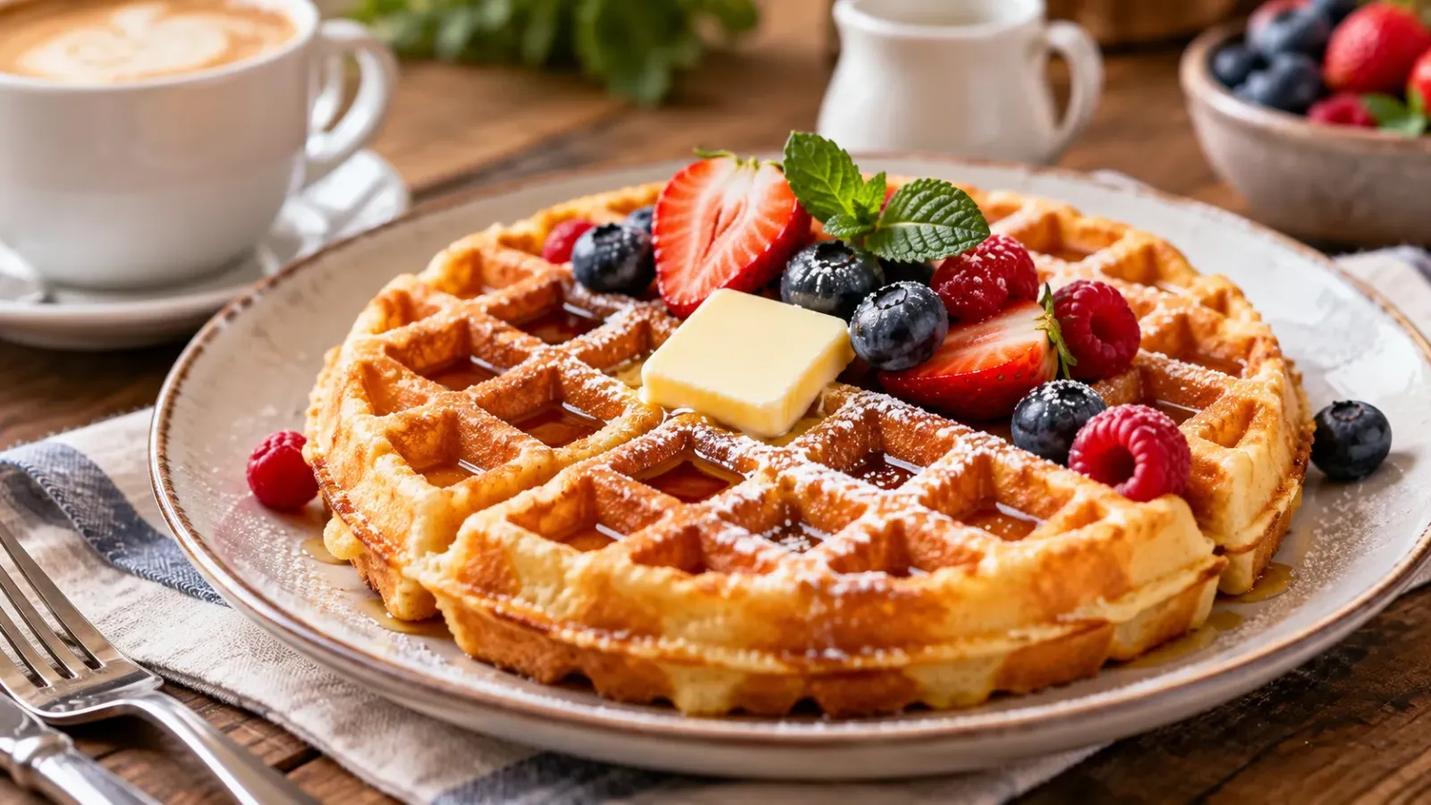 Chiếc bánh waffle hình tròn có các ô vuông nổi, ăn kèm một miếng bơ trên đĩa.