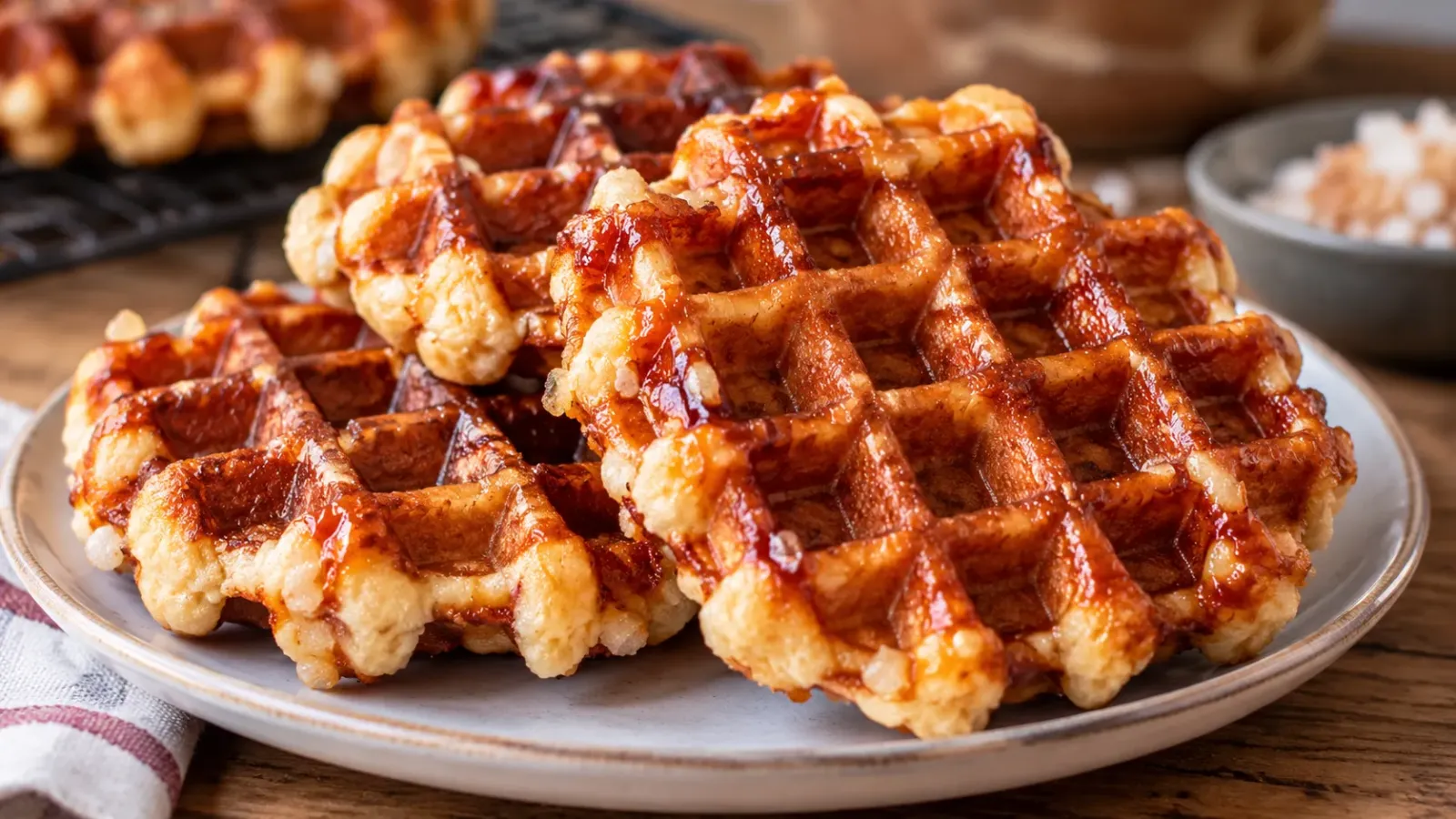 Chiếc bánh waffle Liège màu vàng nâu với bề mặt caramel và các ô bánh đặc trưng.