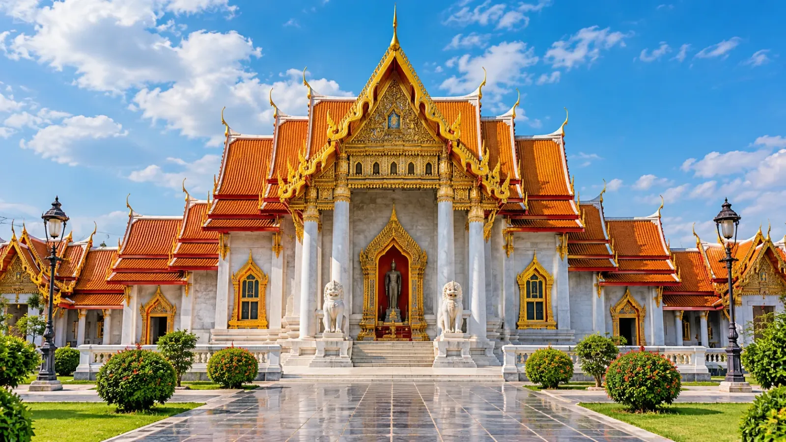 Chính điện chùa Wat Benchamabophit tại Bangkok với mái ngói nhiều tầng, chi tiết đá cẩm thạch trắng và sân phía trước.