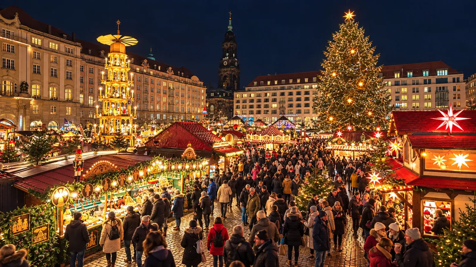 Chợ Giáng sinh Dresden Striezelmarkt tại quảng trường Altmarkt với kim tự tháp Giáng sinh truyền thống