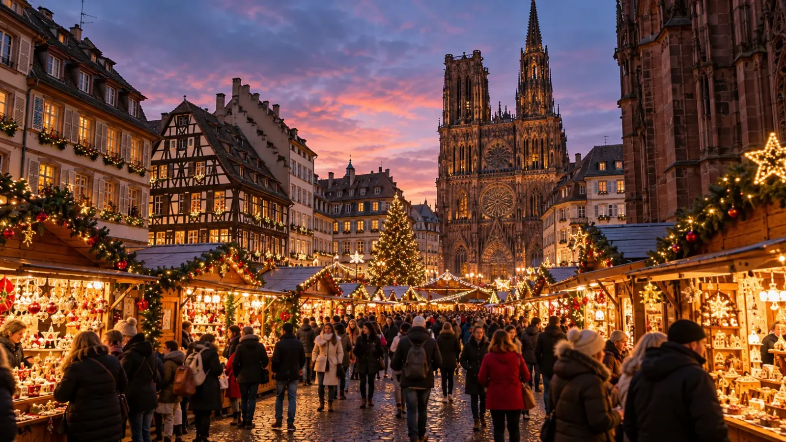 Chợ Giáng sinh Strasbourg với các gian hàng trang trí và kiến trúc truyền thống vùng Alsace Pháp