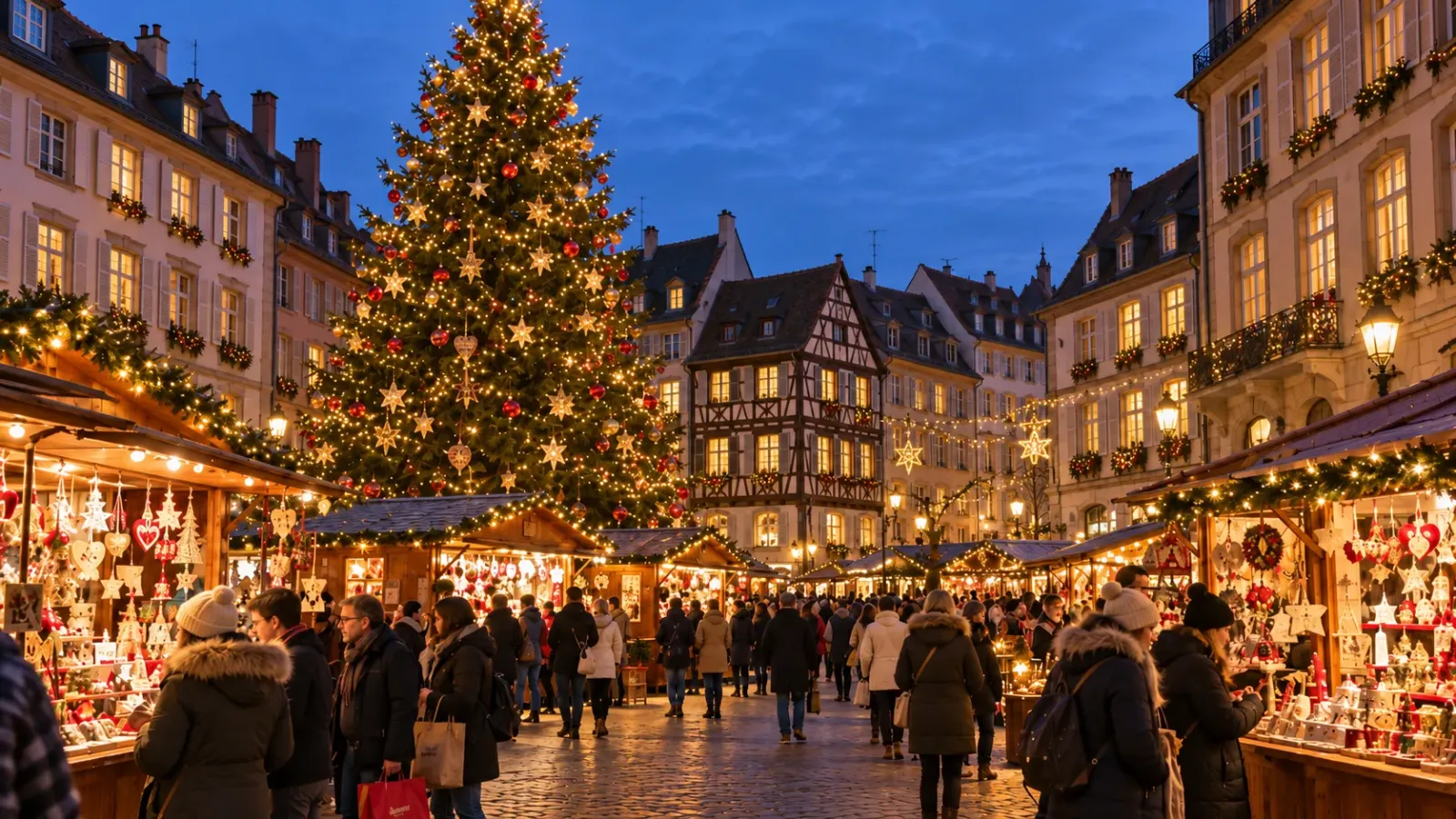 Chợ Giáng sinh Strasbourg với cây thông lớn và các gian hàng trong khu phố cổ
