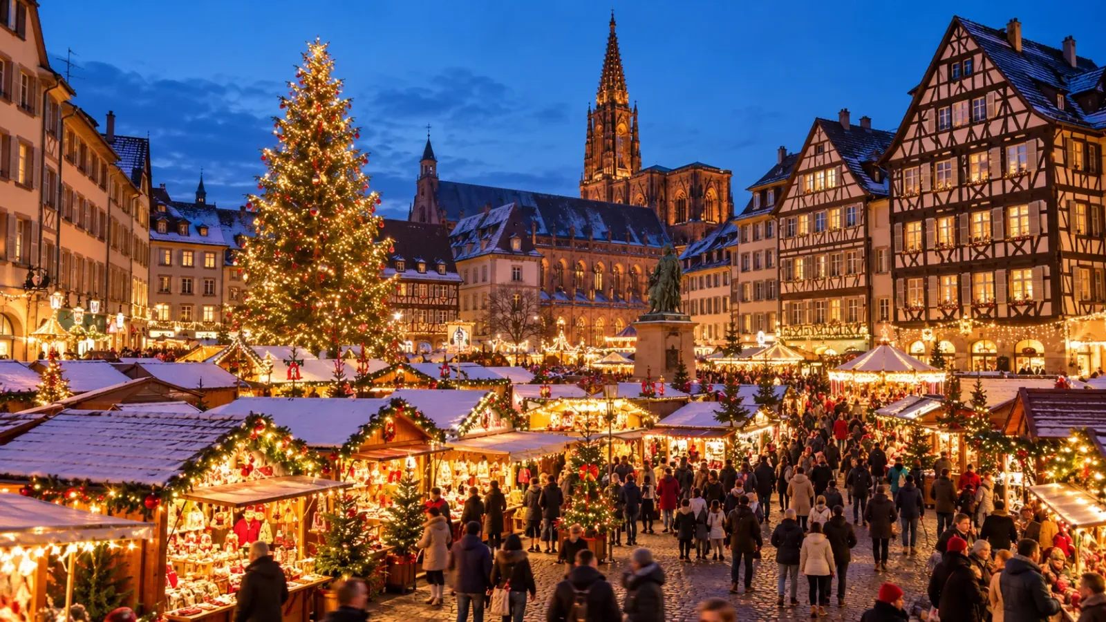 Chợ Giáng sinh tại Strasbourg với các gian hàng và kiến trúc cổ vùng Alsace